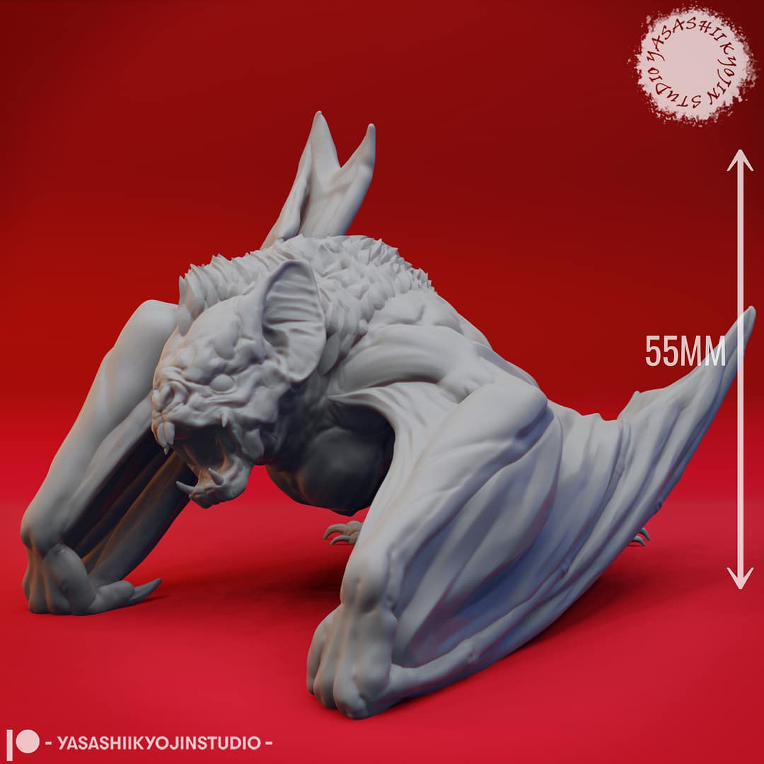 “Savage Dire Bat Resin Miniature in Swooping pose sculpted by Yasashii Kyojin Studio.”