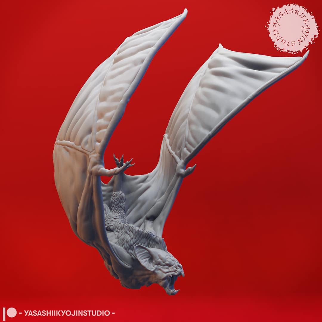 “Savage Dire Bat Resin Miniature in Swooping pose sculpted by Yasashii Kyojin Studio.”