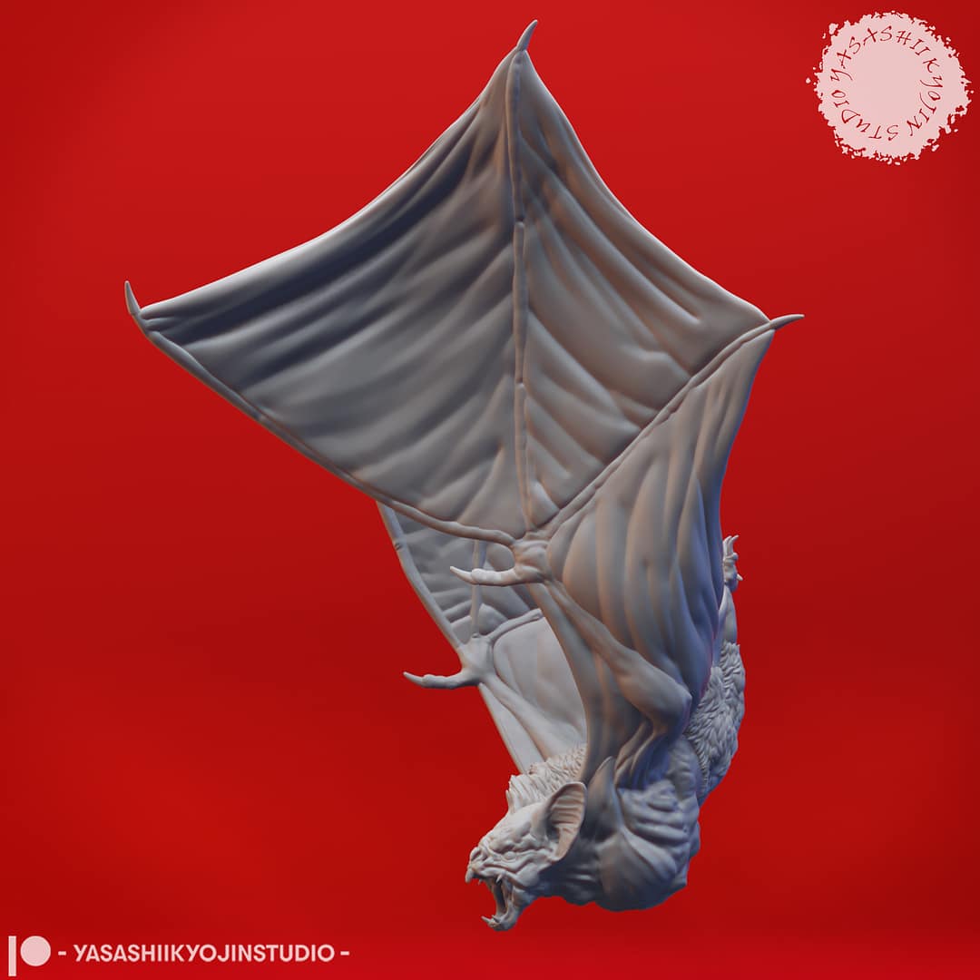 “Savage Dire Bat Resin Miniature in Swooping pose sculpted by Yasashii Kyojin Studio.”
