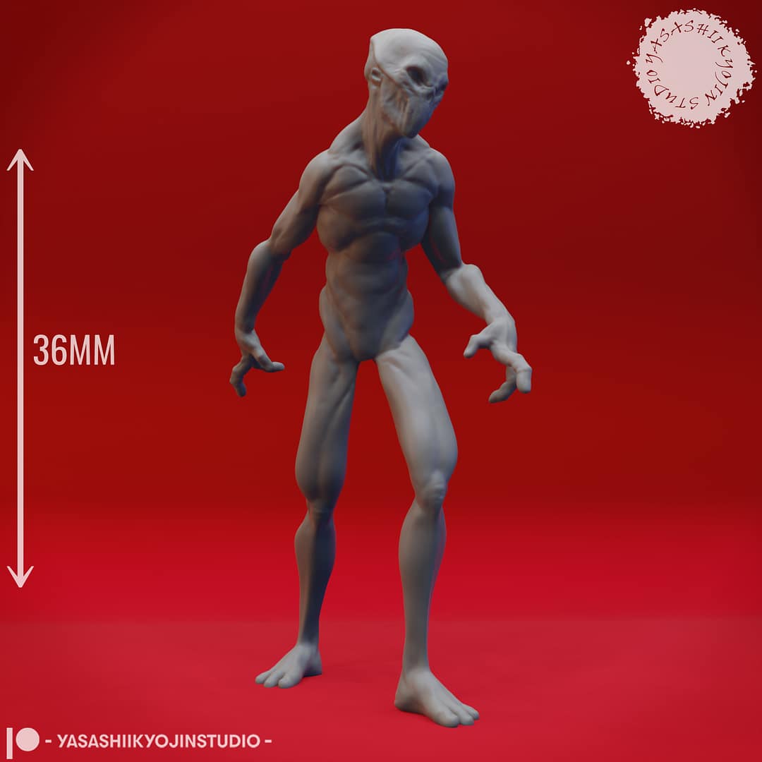 “Doppelganger resin miniature set by Yasashii Kyojin Studio, featuring three poses—Hidden Noblewoman, Transformer, and Stalking true form—displayed against a red background.”