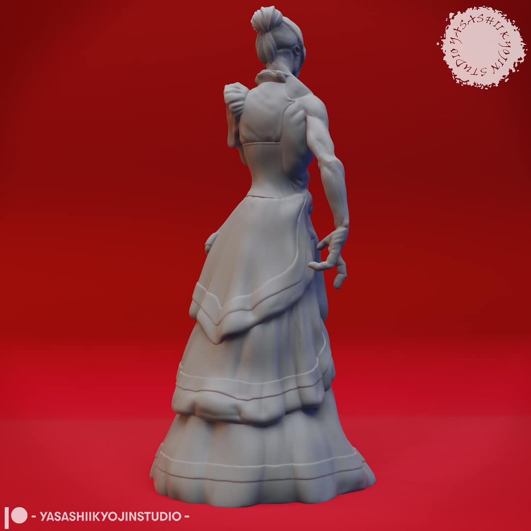 “Doppelganger resin miniature set by Yasashii Kyojin Studio, featuring three poses—Hidden Noblewoman, Transformer, and Stalking true form—displayed against a red background.”