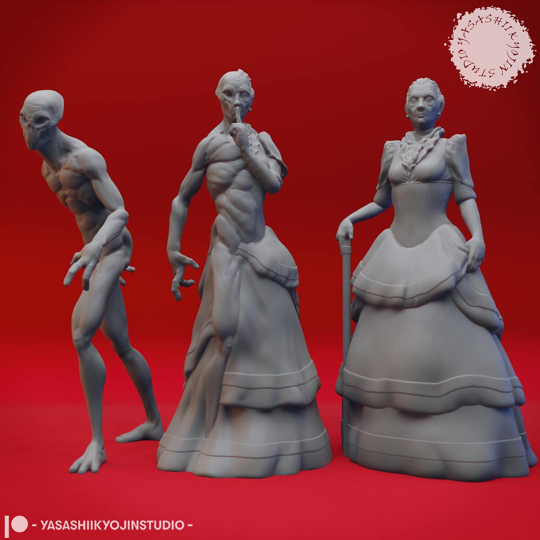 “Doppelganger resin miniature set by Yasashii Kyojin Studio, featuring three poses—Hidden Noblewoman, Transformer, and Stalking true form—displayed against a red background.”