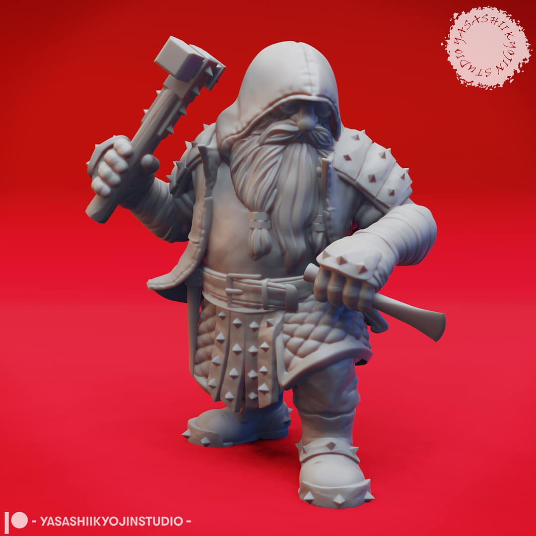 Duergar Warriors resin miniatures by Yasashii Kyojin Studio featuring four poses with crossbow, hammer, knuckles, and shield