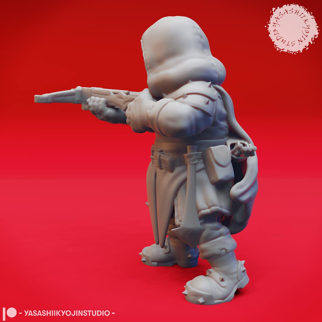 Duergar Warriors resin miniatures by Yasashii Kyojin Studio featuring four poses with crossbow, hammer, knuckles, and shield