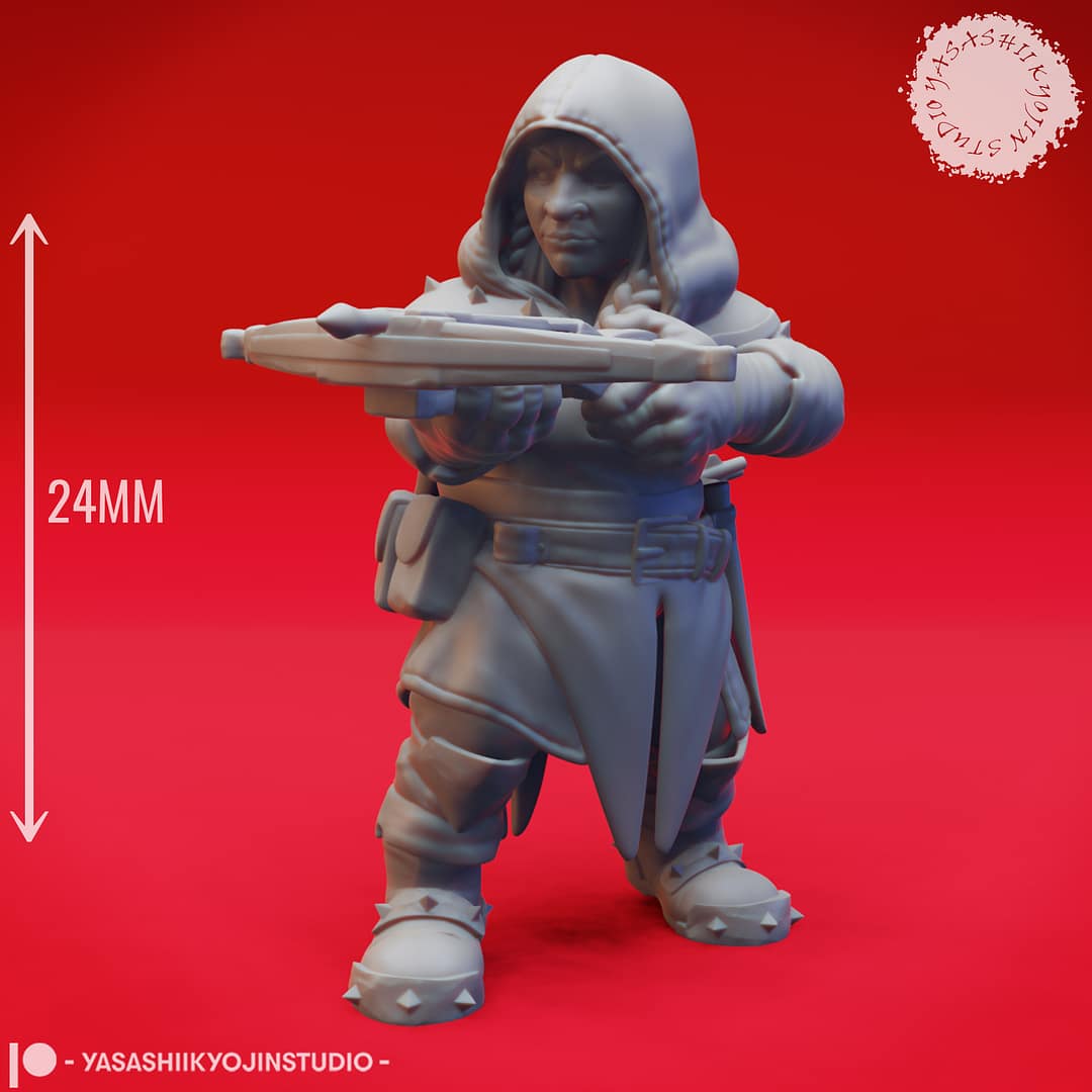 Duergar Warriors resin miniatures by Yasashii Kyojin Studio featuring four poses with crossbow, hammer, knuckles, and shield