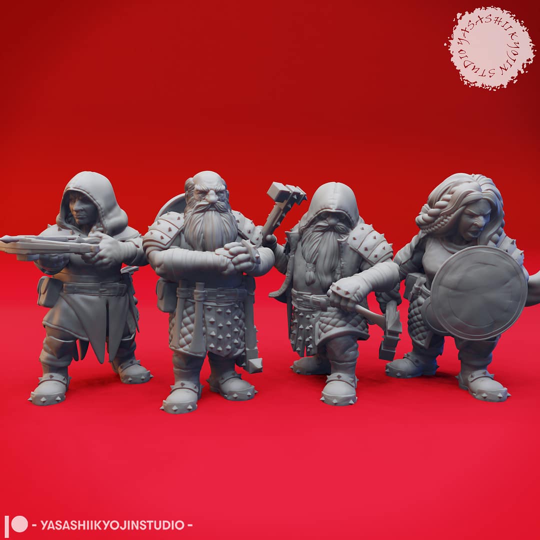 Duergar Warriors resin miniatures by Yasashii Kyojin Studio featuring four poses with crossbow, hammer, knuckles, and shield