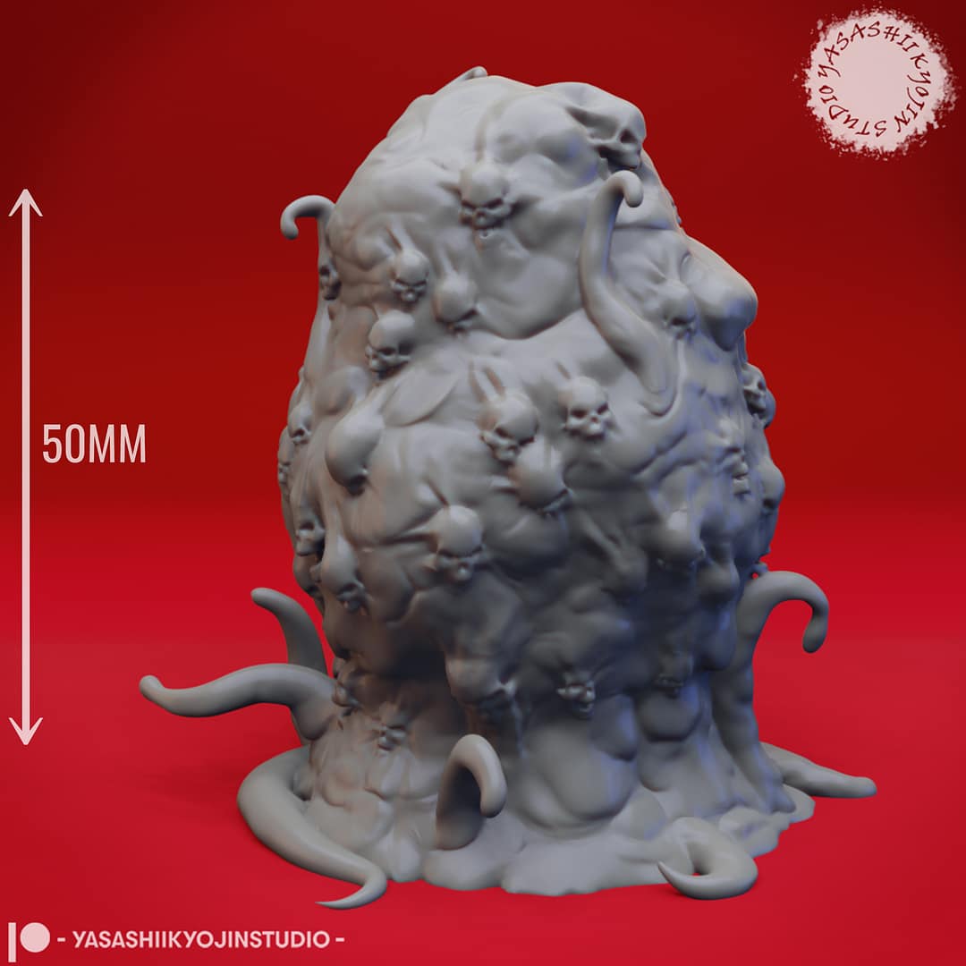3D-rendered resin Elder Oblex miniature featuring a mound of ooze, skulls, and writhing tendrils by Yasashii Kyojin Studio against a red background