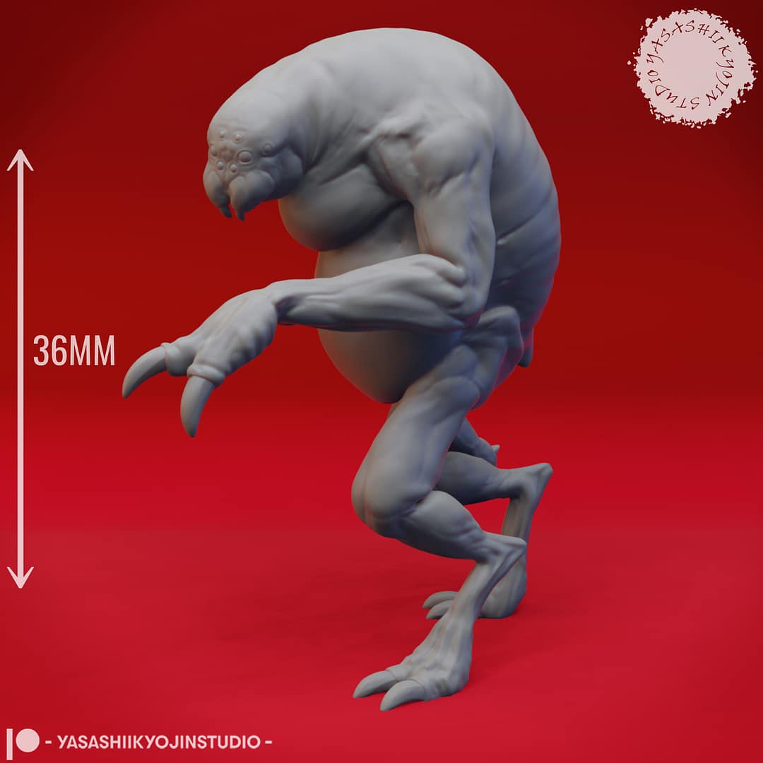 Five resin Ettercap miniatures—Creeping, Crouching, Screeching, Stalking, and Hunter poses—displayed together against a red background, sculpted by Yasashii Kyojin Studio