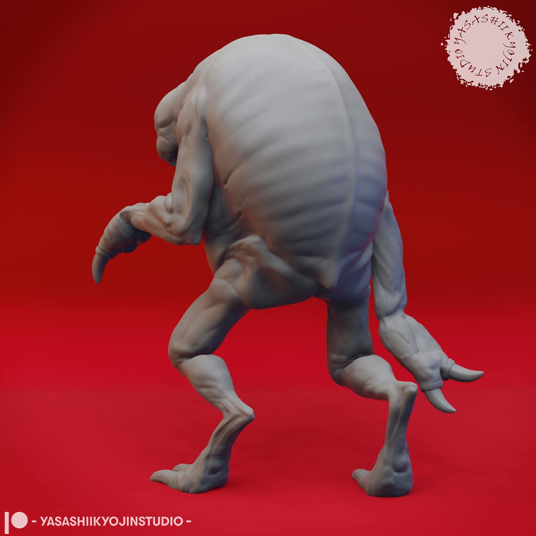 Five resin Ettercap miniatures—Creeping, Crouching, Screeching, Stalking, and Hunter poses—displayed together against a red background, sculpted by Yasashii Kyojin Studio