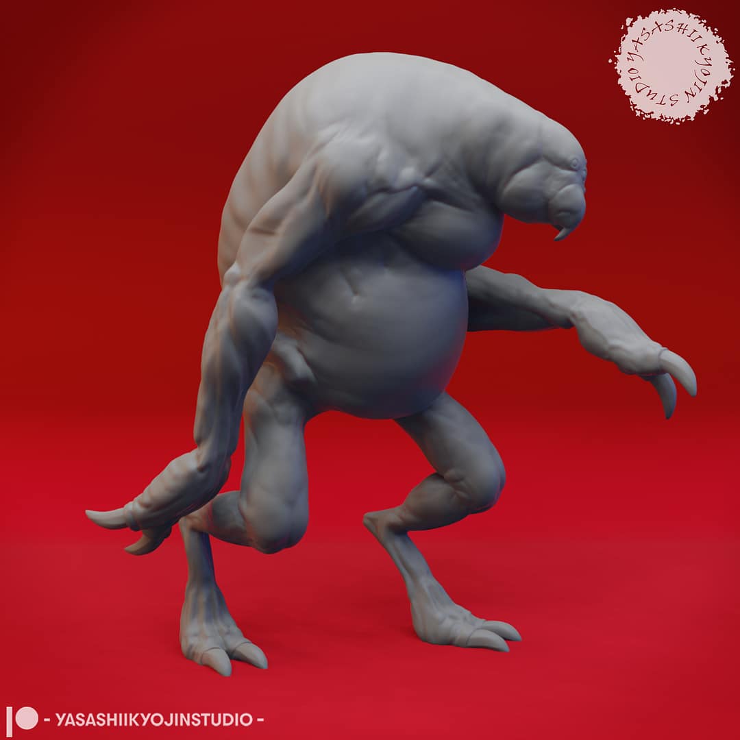 Five resin Ettercap miniatures—Creeping, Crouching, Screeching, Stalking, and Hunter poses—displayed together against a red background, sculpted by Yasashii Kyojin Studio