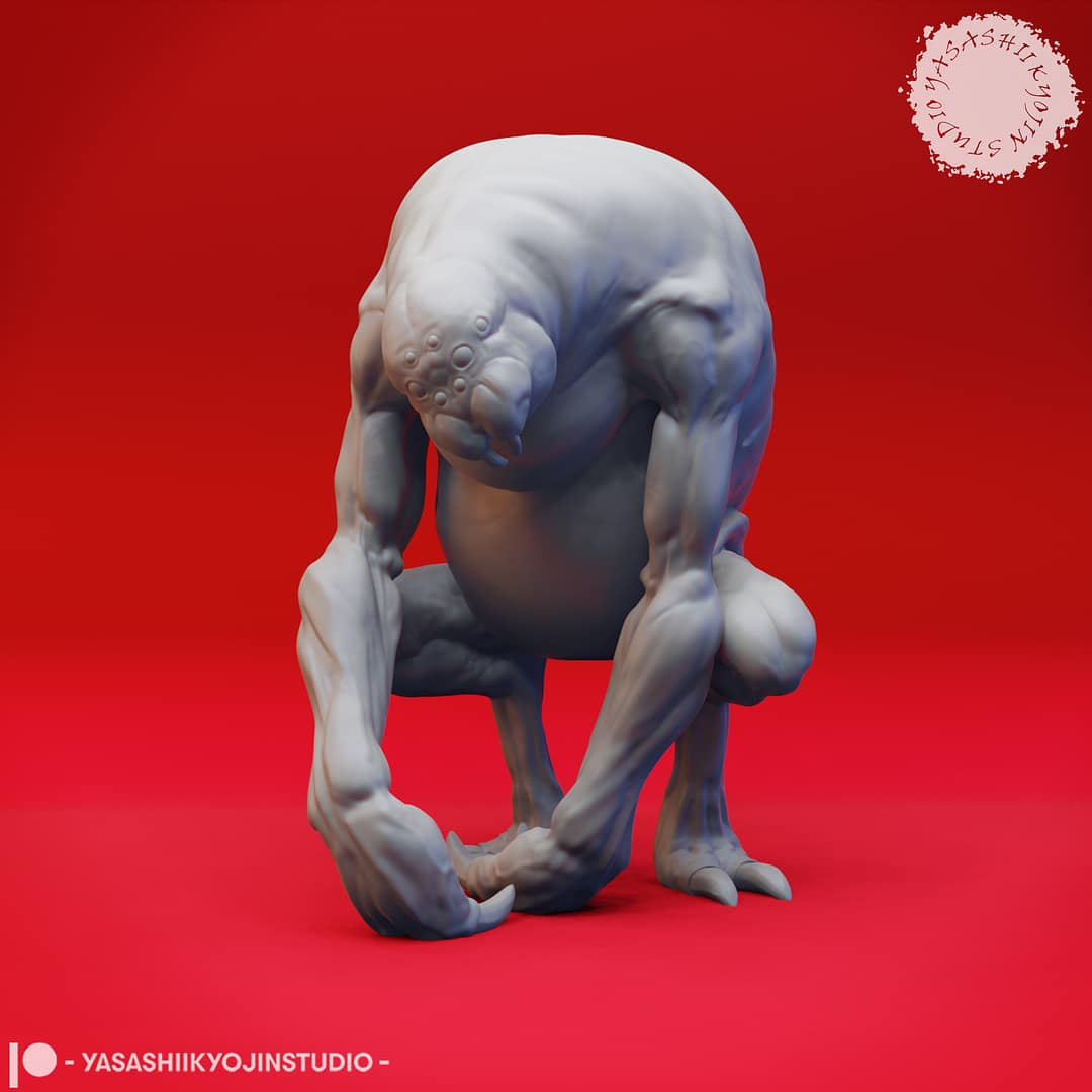 Five resin Ettercap miniatures—Creeping, Crouching, Screeching, Stalking, and Hunter poses—displayed together against a red background, sculpted by Yasashii Kyojin Studio
