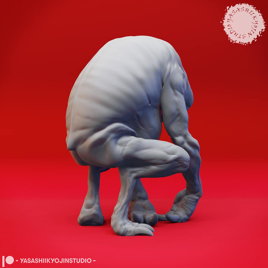 Five resin Ettercap miniatures—Creeping, Crouching, Screeching, Stalking, and Hunter poses—displayed together against a red background, sculpted by Yasashii Kyojin Studio