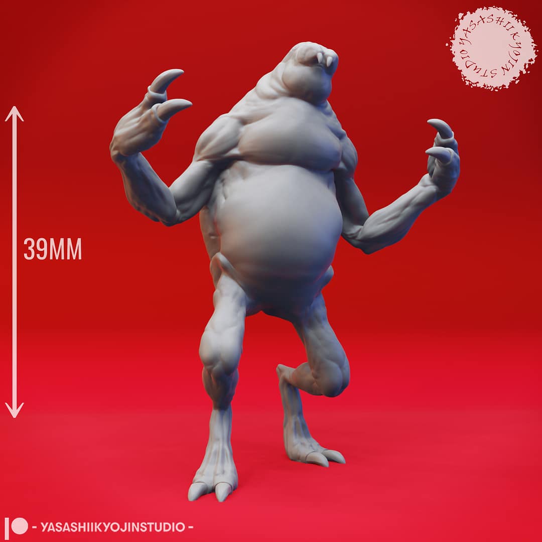 Five resin Ettercap miniatures—Creeping, Crouching, Screeching, Stalking, and Hunter poses—displayed together against a red background, sculpted by Yasashii Kyojin Studio