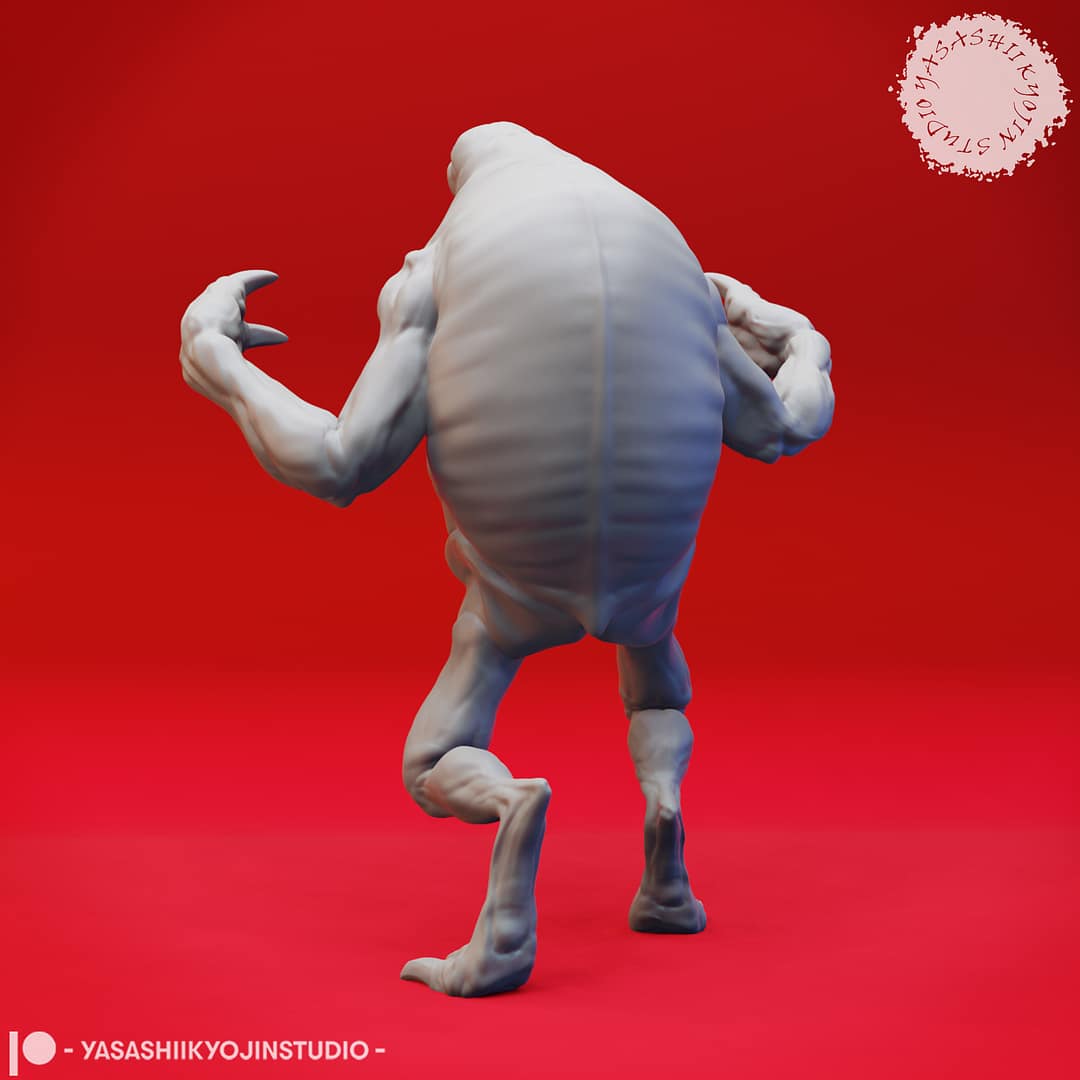 Five resin Ettercap miniatures—Creeping, Crouching, Screeching, Stalking, and Hunter poses—displayed together against a red background, sculpted by Yasashii Kyojin Studio