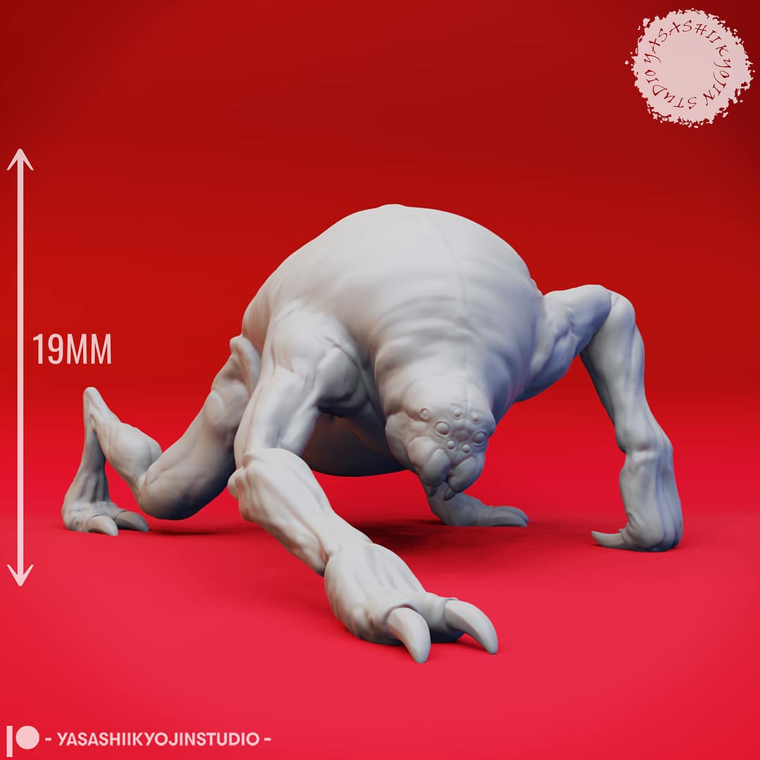 Five resin Ettercap miniatures—Creeping, Crouching, Screeching, Stalking, and Hunter poses—displayed together against a red background, sculpted by Yasashii Kyojin Studio