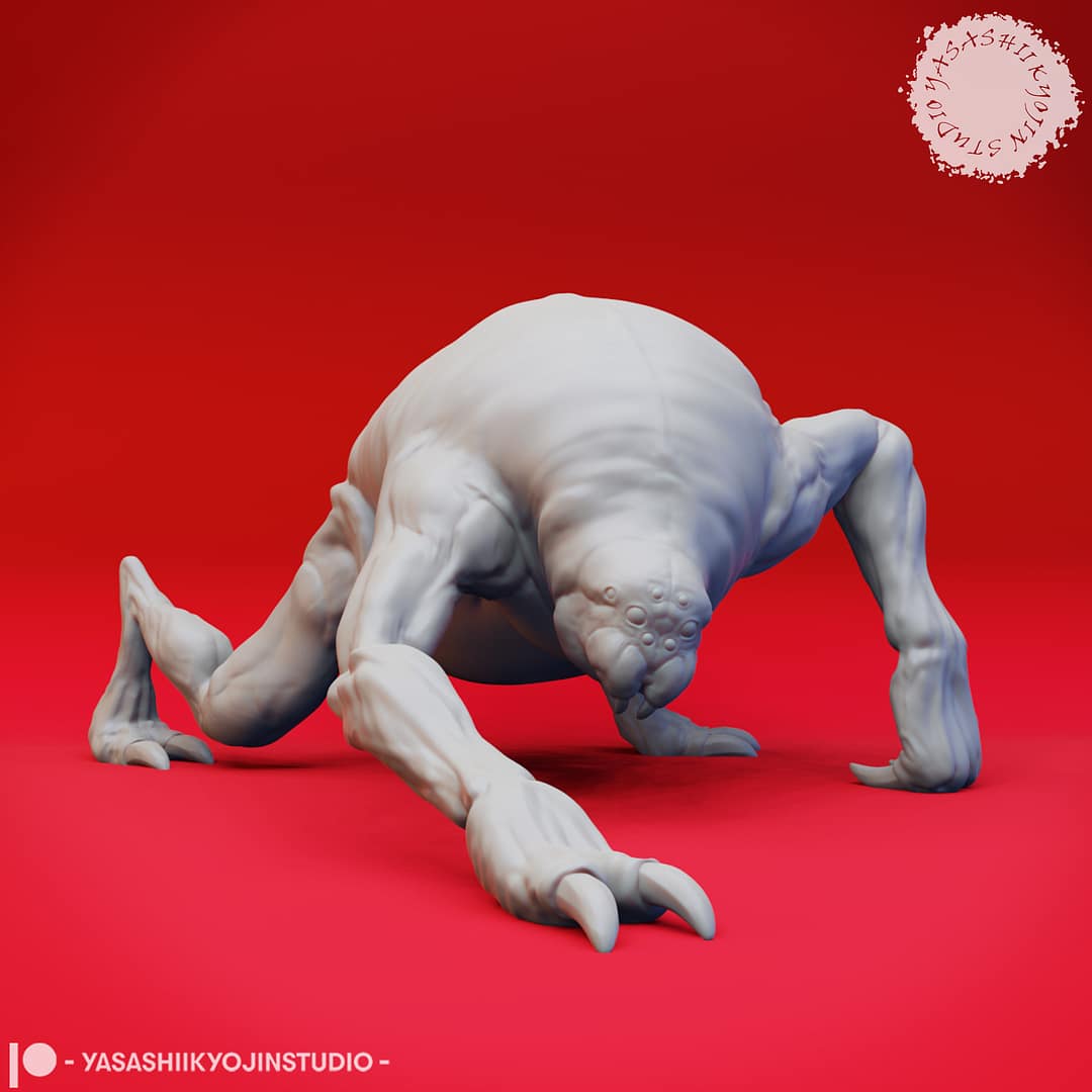 Five resin Ettercap miniatures—Creeping, Crouching, Screeching, Stalking, and Hunter poses—displayed together against a red background, sculpted by Yasashii Kyojin Studio