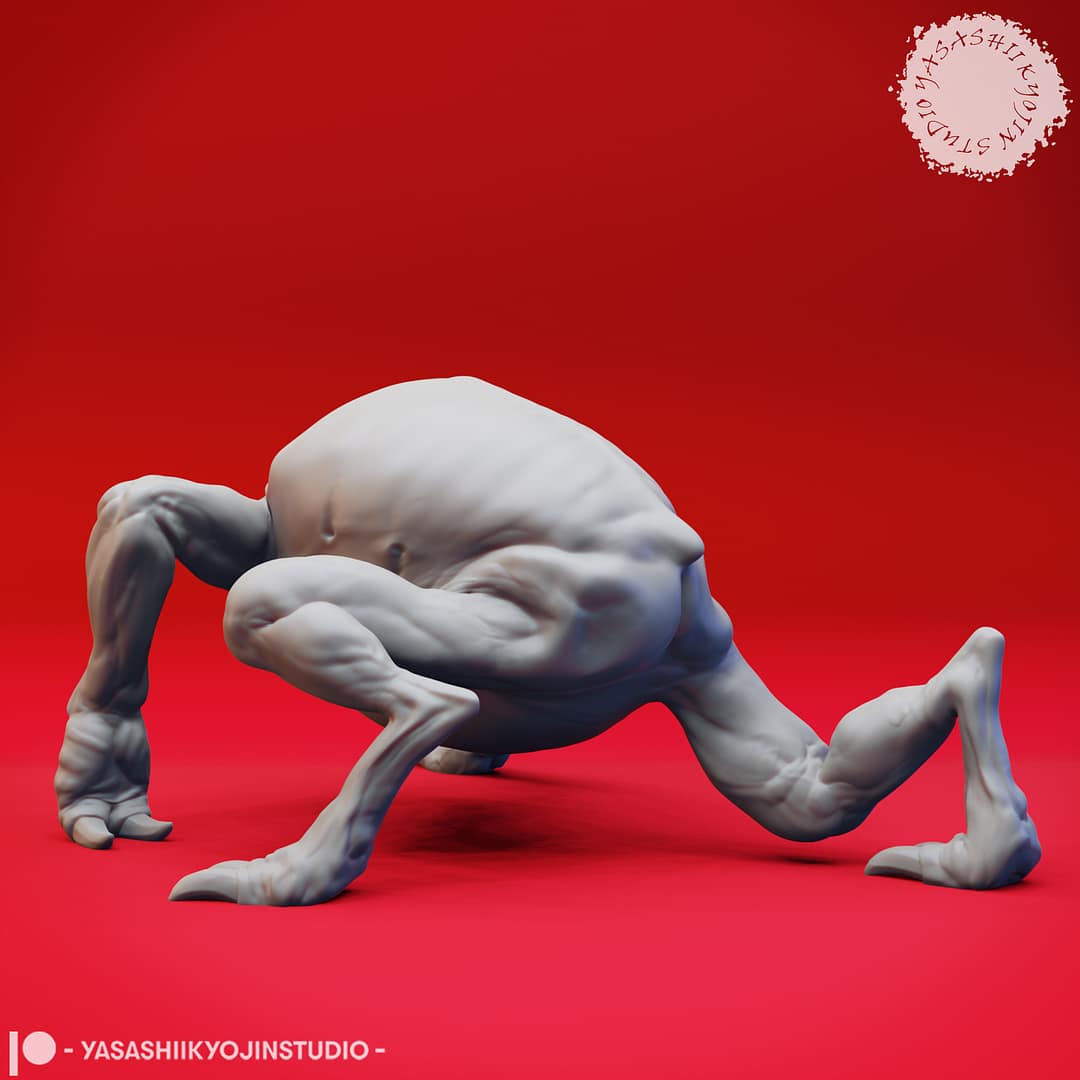 Five resin Ettercap miniatures—Creeping, Crouching, Screeching, Stalking, and Hunter poses—displayed together against a red background, sculpted by Yasashii Kyojin Studio