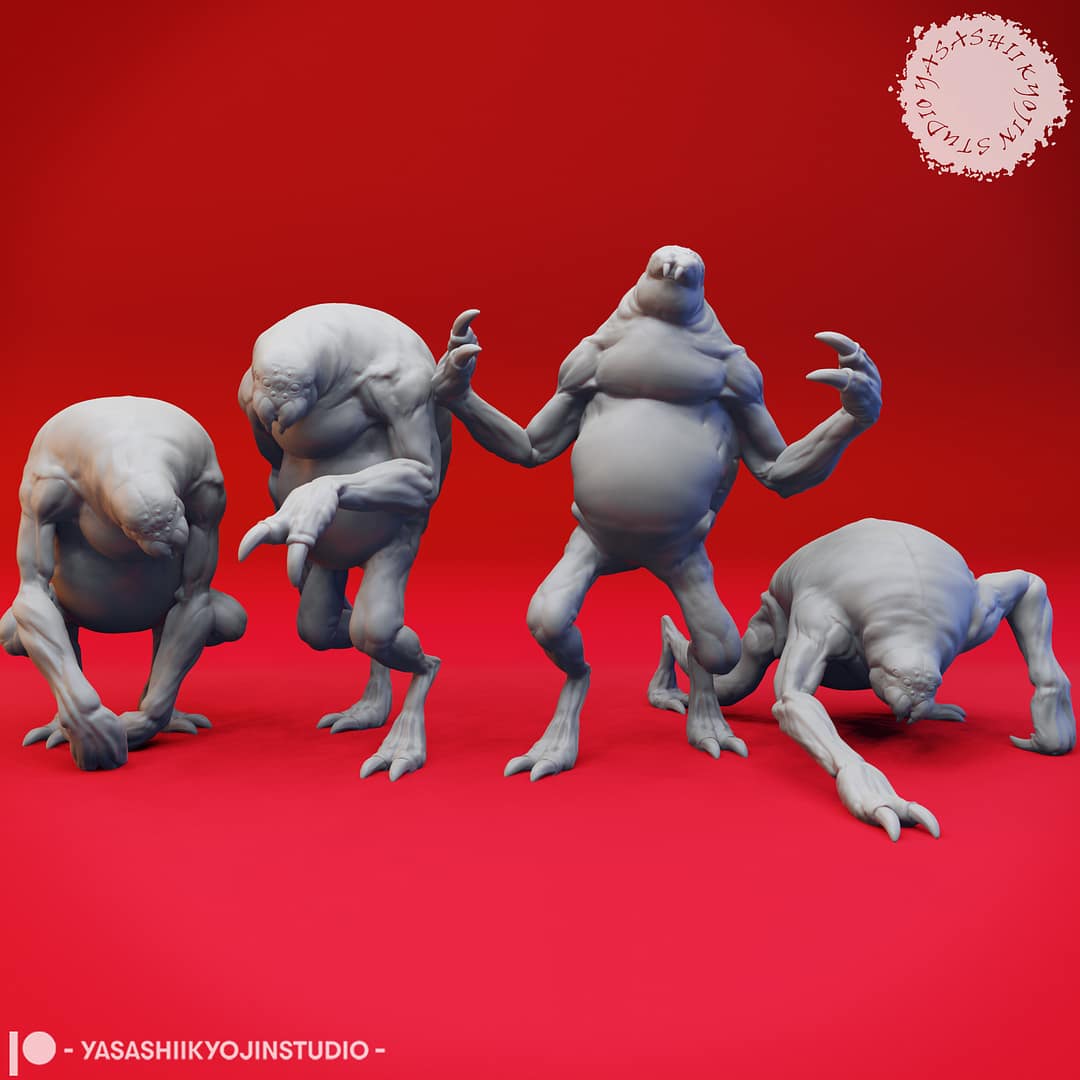 Five resin Ettercap miniatures—Creeping, Crouching, Screeching, Stalking, and Hunter poses—displayed together against a red background, sculpted by Yasashii Kyojin Studio