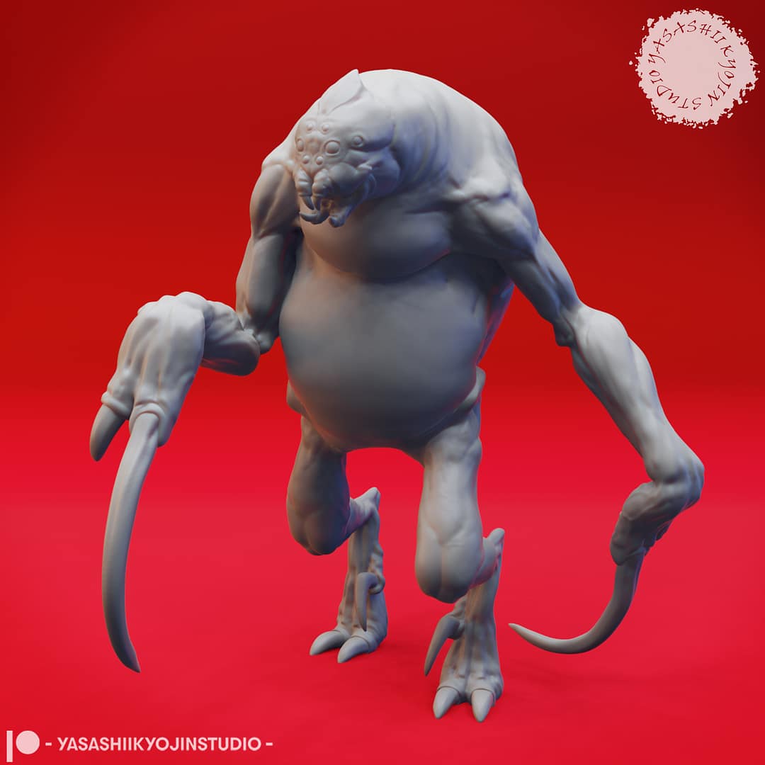 Five resin Ettercap miniatures—Creeping, Crouching, Screeching, Stalking, and Hunter poses—displayed together against a red background, sculpted by Yasashii Kyojin Studio