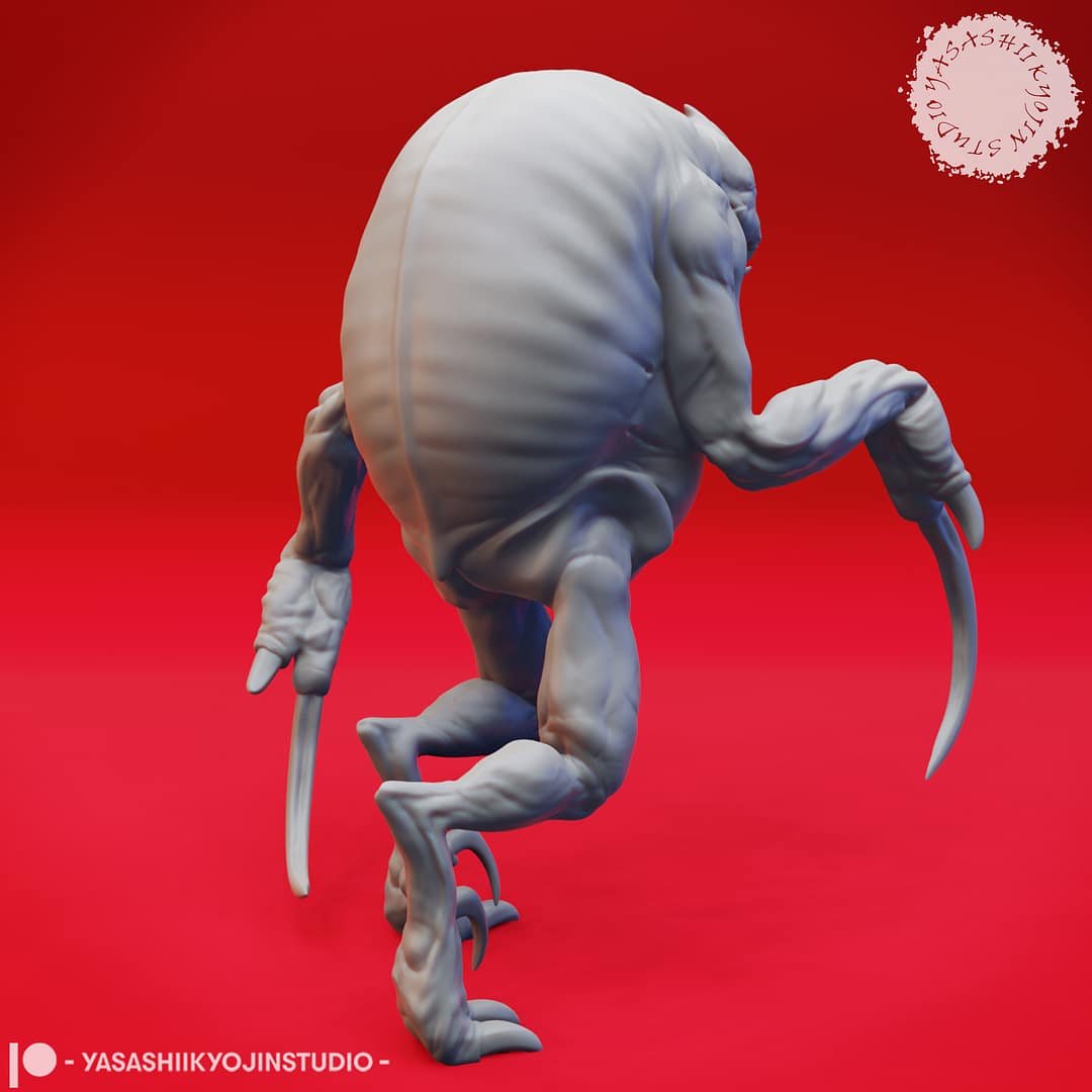 Five resin Ettercap miniatures—Creeping, Crouching, Screeching, Stalking, and Hunter poses—displayed together against a red background, sculpted by Yasashii Kyojin Studio