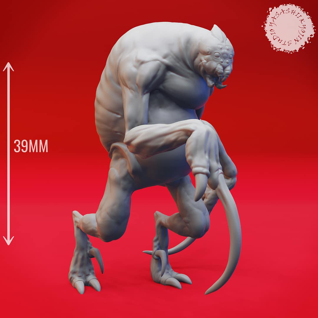 Five resin Ettercap miniatures—Creeping, Crouching, Screeching, Stalking, and Hunter poses—displayed together against a red background, sculpted by Yasashii Kyojin Studio