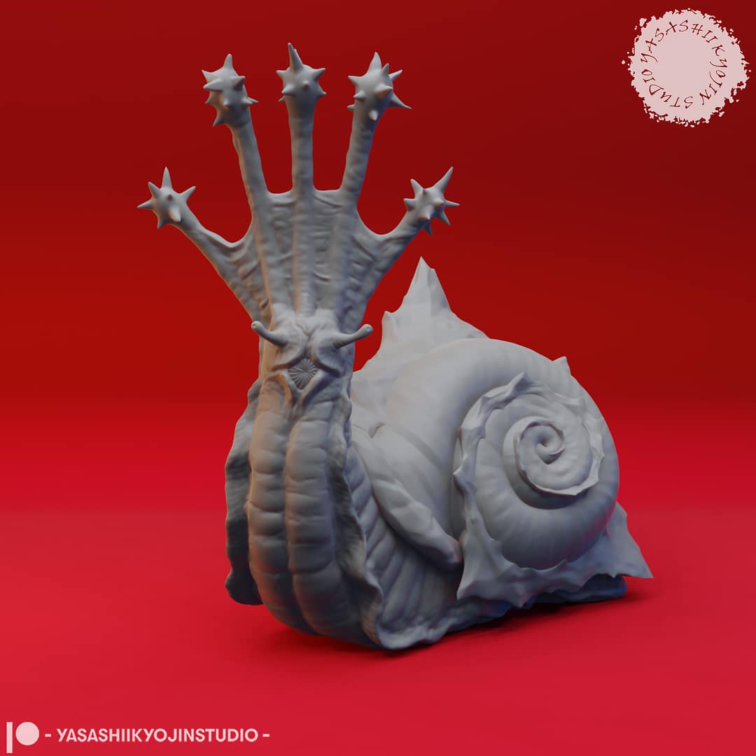 Resin Flail Snail miniature with a large spiral shell and five spiked flail-like tentacles, sculpted by Yasashii Kyojin Studio, displayed against a red background