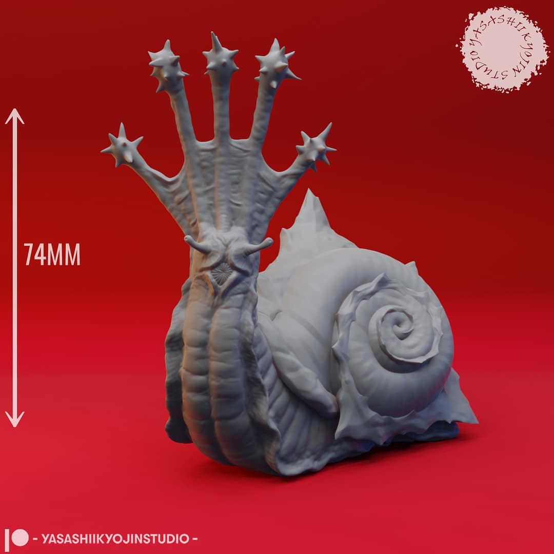 Resin Flail Snail miniature with a large spiral shell and five spiked flail-like tentacles, sculpted by Yasashii Kyojin Studio, displayed against a red background