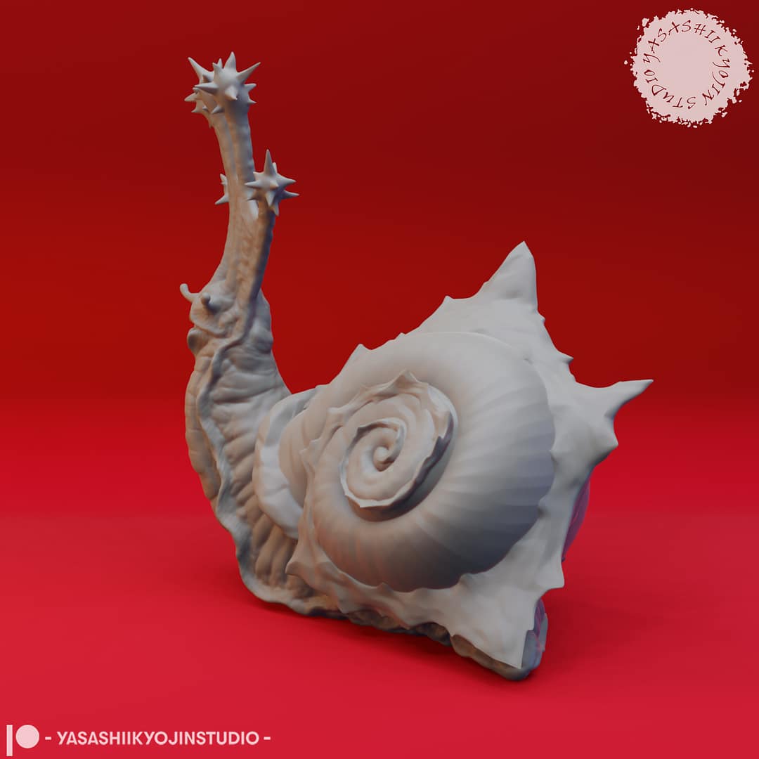 Resin Flail Snail miniature with a large spiral shell and five spiked flail-like tentacles, sculpted by Yasashii Kyojin Studio, displayed against a red background
