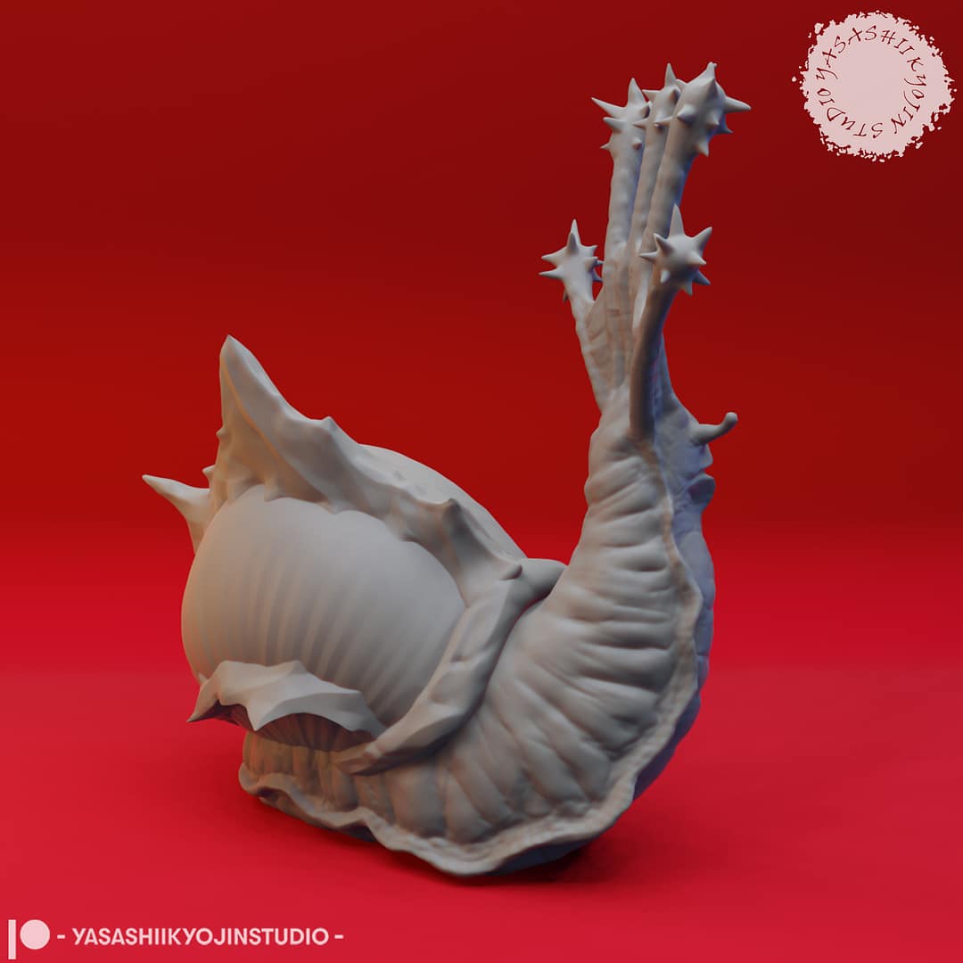 Resin Flail Snail miniature with a large spiral shell and five spiked flail-like tentacles, sculpted by Yasashii Kyojin Studio, displayed against a red background