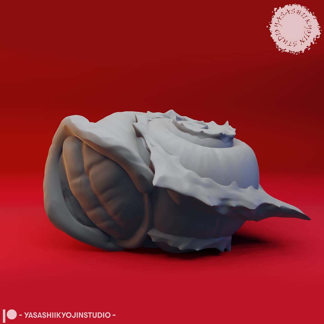 Resin Flail Snail miniature with a large spiral shell and five spiked flail-like tentacles, sculpted by Yasashii Kyojin Studio, displayed against a red background