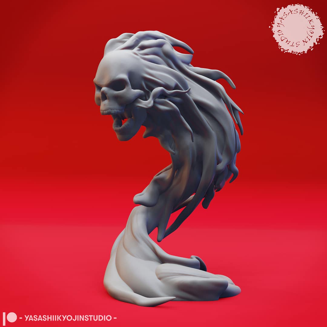Resin Flameskull miniatures in swirling ghostly flame shapes, featuring single and double skull poses, sculpted by Yasashii Kyojin Studio and displayed against a red background