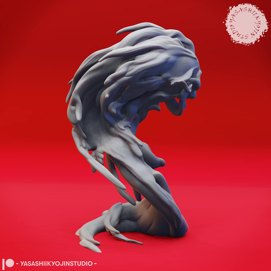 Resin Flameskull miniatures in swirling ghostly flame shapes, featuring single and double skull poses, sculpted by Yasashii Kyojin Studio and displayed against a red background
