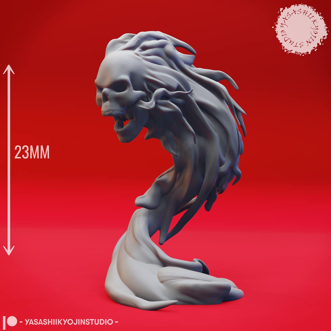Resin Flameskull miniatures in swirling ghostly flame shapes, featuring single and double skull poses, sculpted by Yasashii Kyojin Studio and displayed against a red background