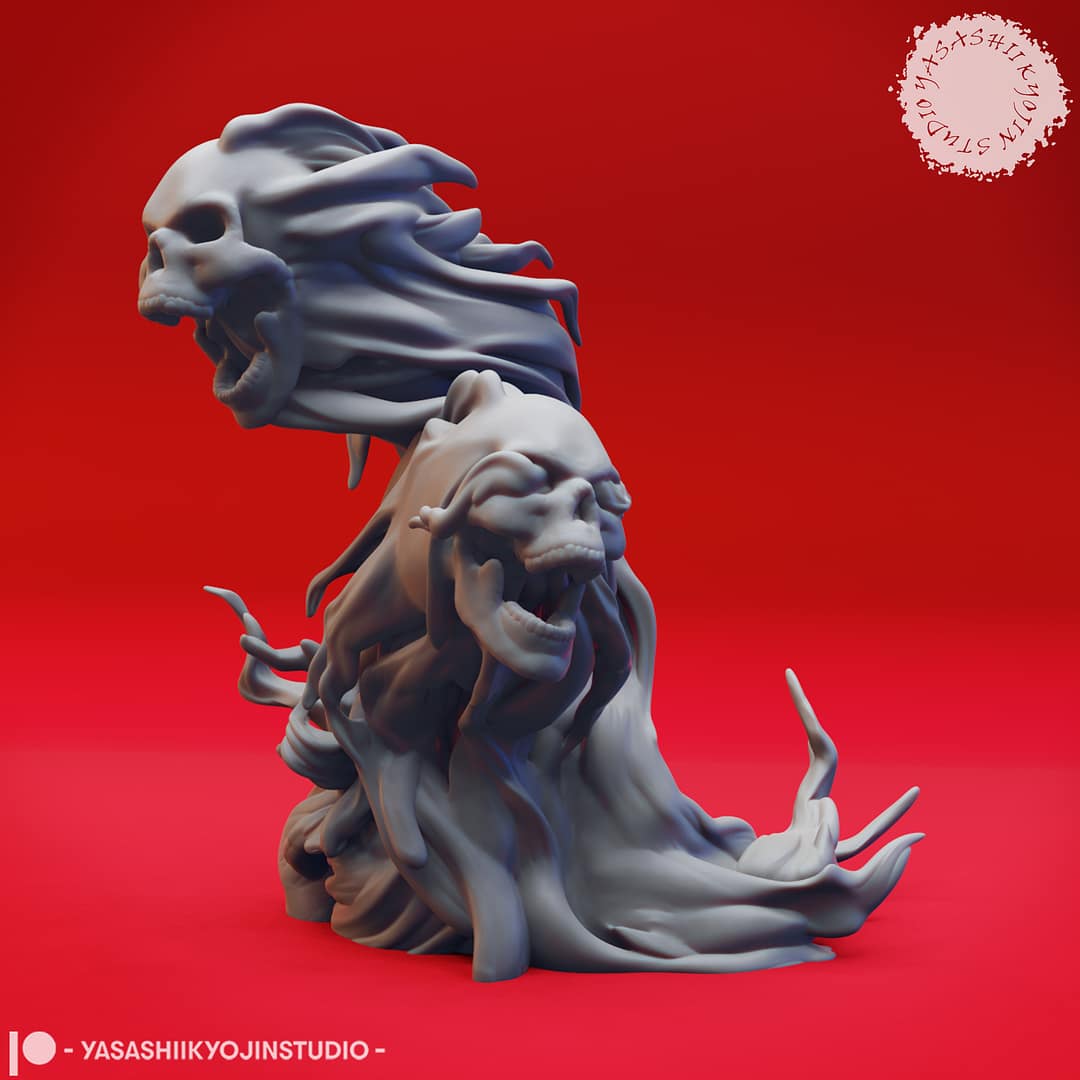 Resin Flameskull miniatures in swirling ghostly flame shapes, featuring single and double skull poses, sculpted by Yasashii Kyojin Studio and displayed against a red background