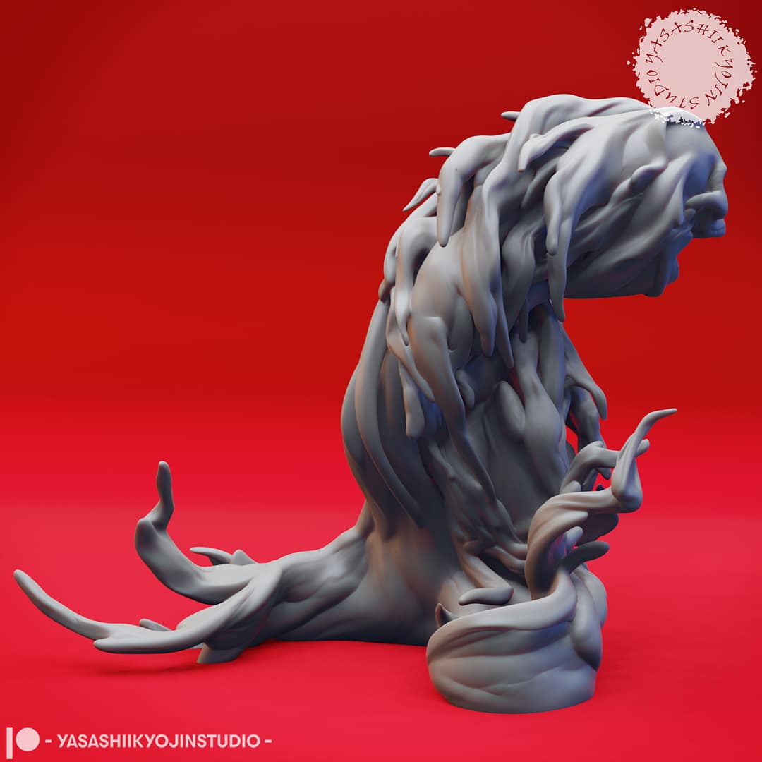 Resin Flameskull miniatures in swirling ghostly flame shapes, featuring single and double skull poses, sculpted by Yasashii Kyojin Studio and displayed against a red background
