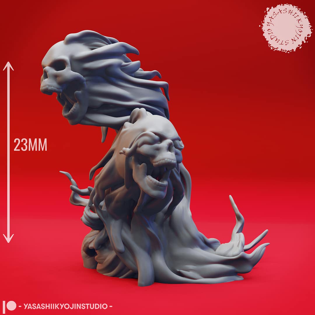 Resin Flameskull miniatures in swirling ghostly flame shapes, featuring single and double skull poses, sculpted by Yasashii Kyojin Studio and displayed against a red background