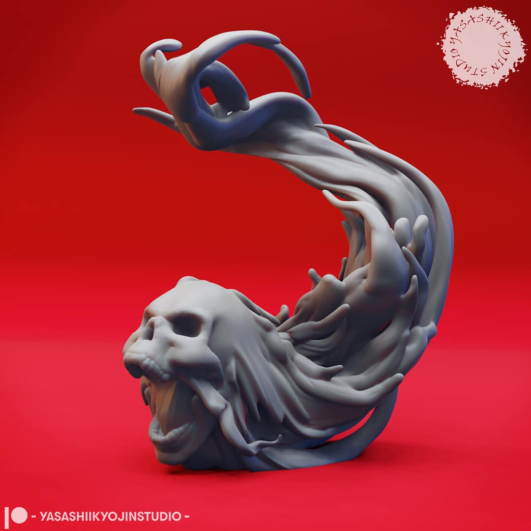 Resin Flameskull miniatures in swirling ghostly flame shapes, featuring single and double skull poses, sculpted by Yasashii Kyojin Studio and displayed against a red background
