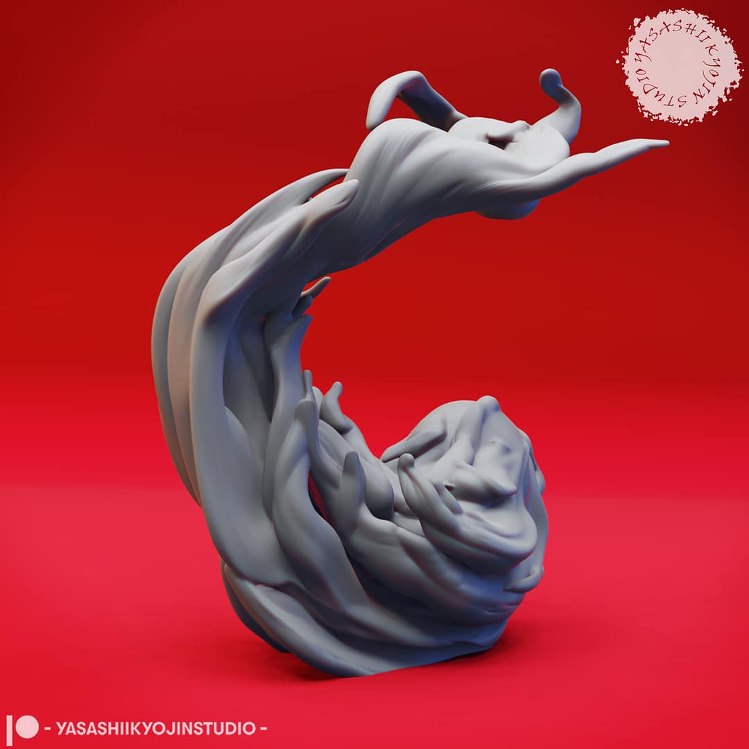 Resin Flameskull miniatures in swirling ghostly flame shapes, featuring single and double skull poses, sculpted by Yasashii Kyojin Studio and displayed against a red background