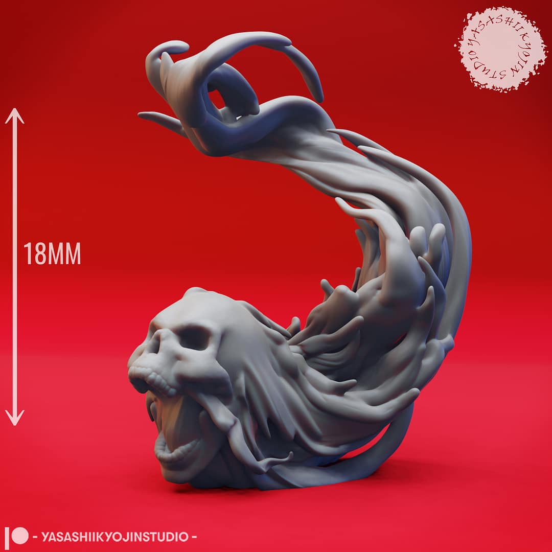 Resin Flameskull miniatures in swirling ghostly flame shapes, featuring single and double skull poses, sculpted by Yasashii Kyojin Studio and displayed against a red background