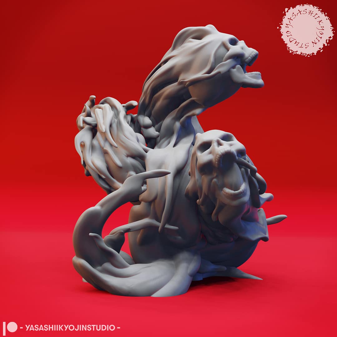 Resin Flameskull miniatures in swirling ghostly flame shapes, featuring single and double skull poses, sculpted by Yasashii Kyojin Studio and displayed against a red background