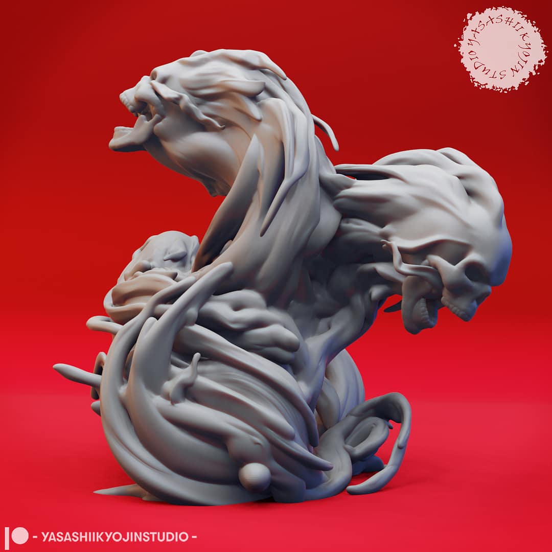 Resin Flameskull miniatures in swirling ghostly flame shapes, featuring single and double skull poses, sculpted by Yasashii Kyojin Studio and displayed against a red background