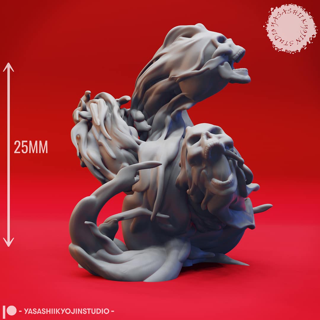 Resin Flameskull miniatures in swirling ghostly flame shapes, featuring single and double skull poses, sculpted by Yasashii Kyojin Studio and displayed against a red background