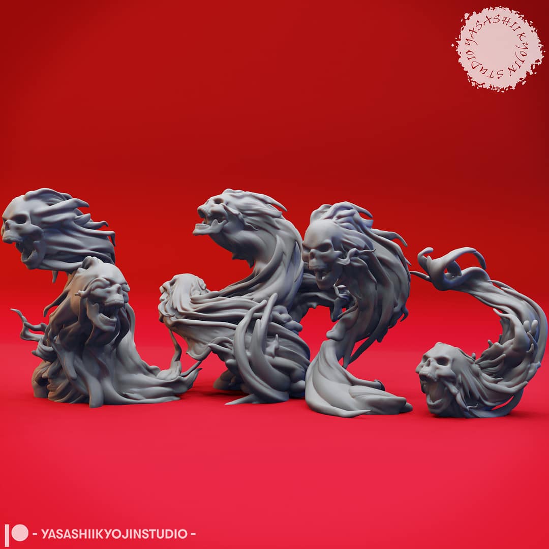 Resin Flameskull miniatures in swirling ghostly flame shapes, featuring single and double skull poses, sculpted by Yasashii Kyojin Studio and displayed against a red background