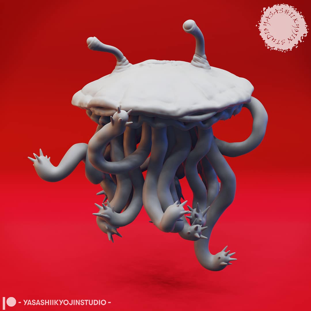 Resin Flumph miniature with a domed body, long curling tentacles, and two eyestalks, sculpted by Yasashii Kyojin Studio and displayed against a red background