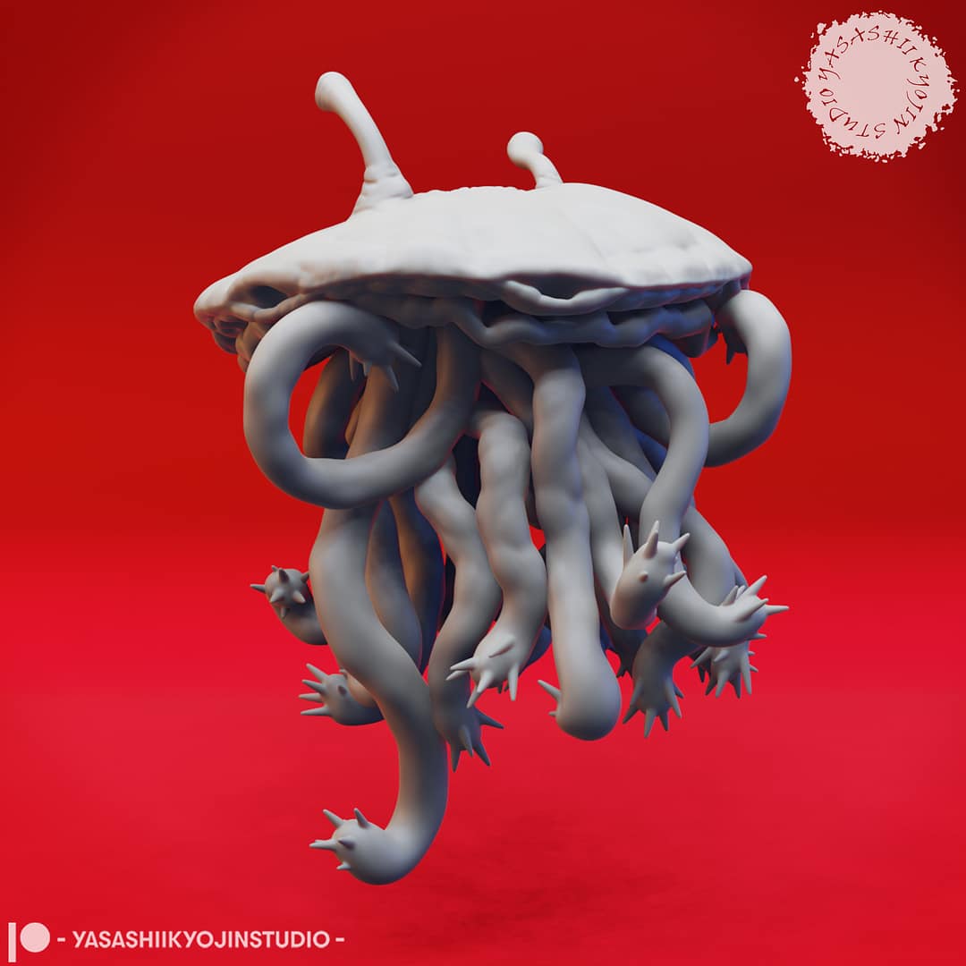Resin Flumph miniature with a domed body, long curling tentacles, and two eyestalks, sculpted by Yasashii Kyojin Studio and displayed against a red background