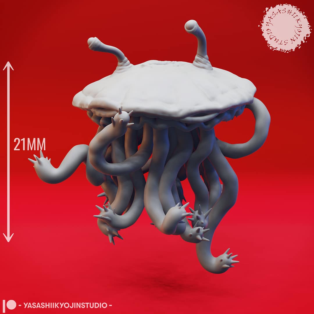 Resin Flumph miniature with a domed body, long curling tentacles, and two eyestalks, sculpted by Yasashii Kyojin Studio and displayed against a red background