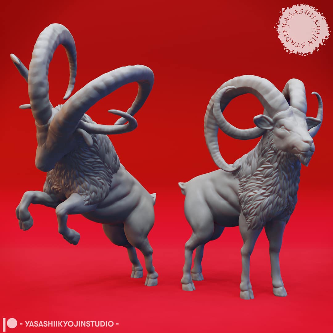 “Mighty Giant Goat Resin Miniature set with Rearing and Grazing poses sculpted by Yasashii Kyojin Studio on a red background.”