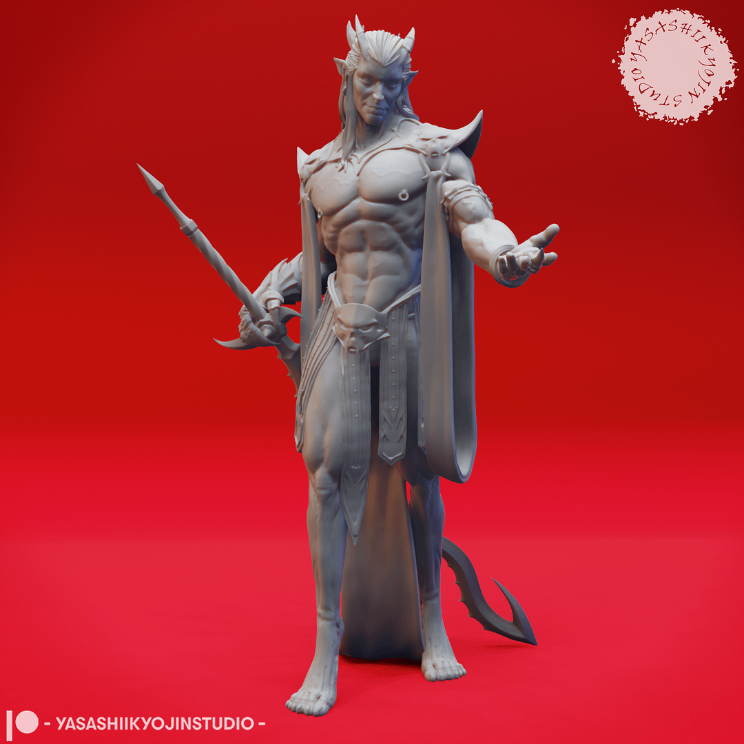 “Resin miniature of the Graz'zt Hellborne Swordmaster in a commanding pose holding a spear, sculpted by Yasashiikyojin Studio against a red background.”