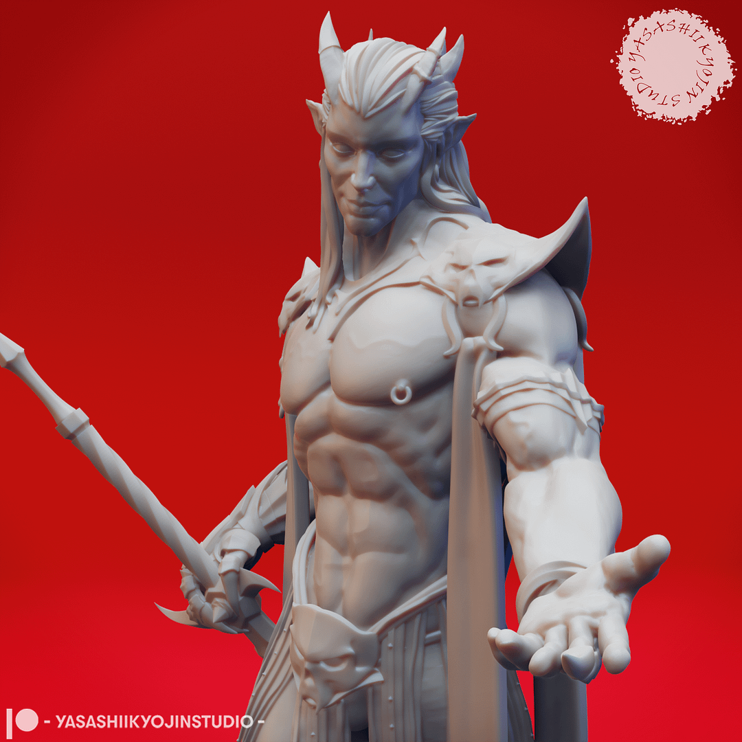 “Resin miniature of the Graz'zt Hellborne Swordmaster in a commanding pose holding a spear, sculpted by Yasashiikyojin Studio against a red background.”