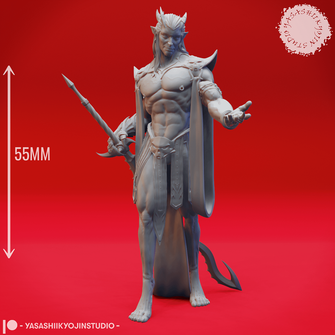 “Resin miniature of the Graz'zt Hellborne Swordmaster in a commanding pose holding a spear, sculpted by Yasashiikyojin Studio against a red background.”
